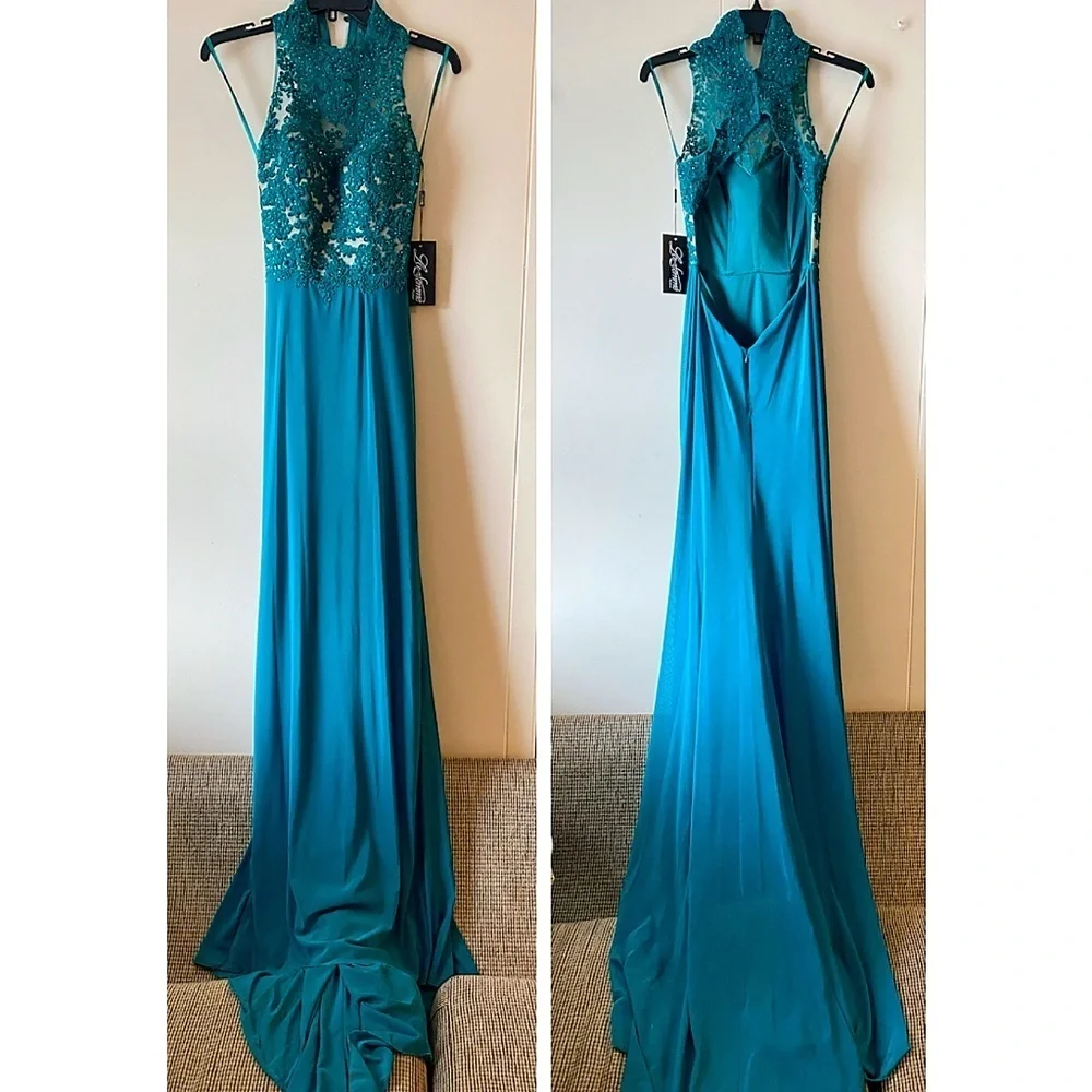 La Femme Teal Open Back Lace Embellished Gown | Dress